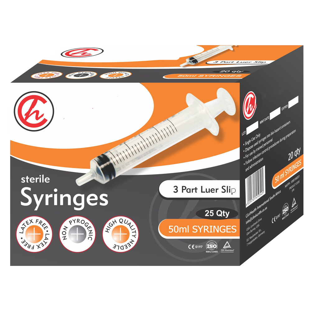 Syringe 50 3 Part L/Slip 25s