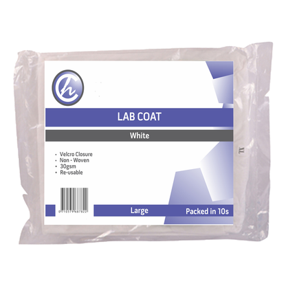 Lab Coat – Non Woven Pack of 10 White Velcro 30gsm – Large